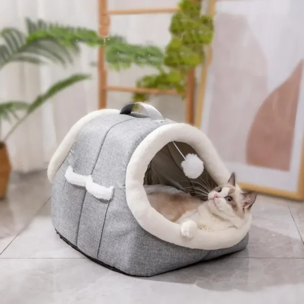 🐾 Cave Bed for Cats – Warm Covered Cat House with Side Pockets - Image 2