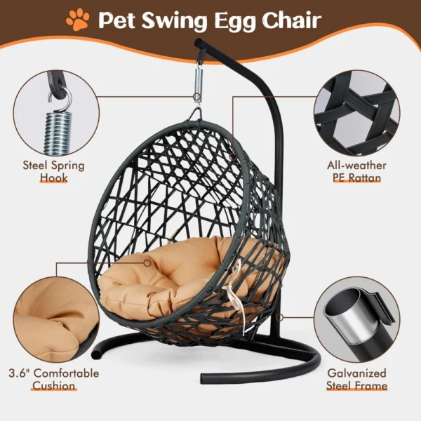 Hammock Cat Bed – Rattan Egg Chair with Cushion & Metal Stand - Image 3