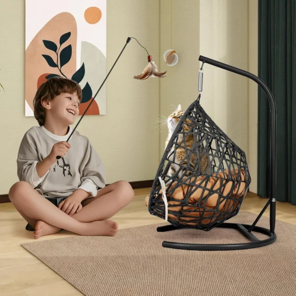 Hammock Cat Bed – Rattan Egg Chair with Cushion & Metal Stand - Image 2