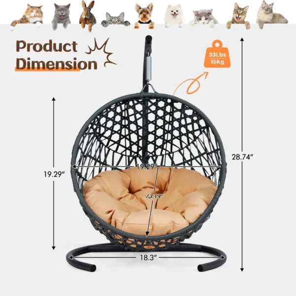 Hammock Cat Bed – Rattan Egg Chair with Cushion & Metal Stand - Image 6