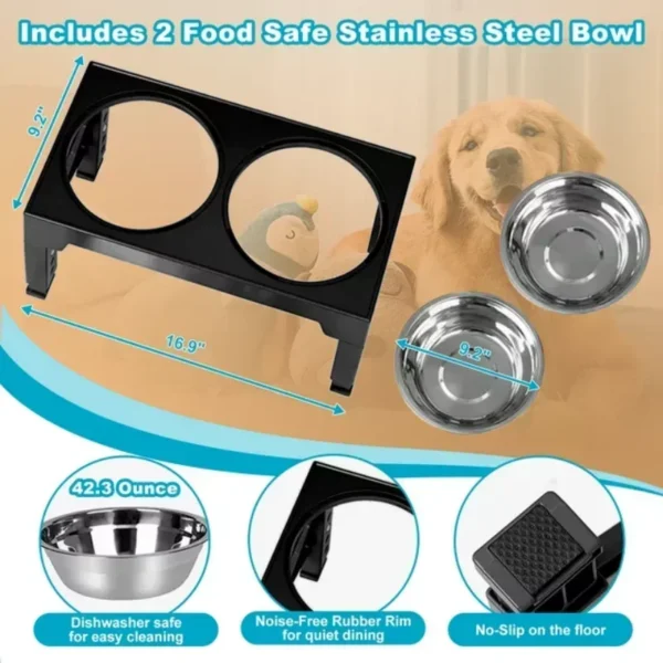 5 Height-Adjustable Raised Dog Bowl Stand with 2 Stainless Steel Bowls - Image 2