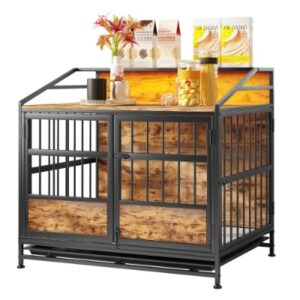 Wooden Dog Crate with Storage – Large Indoor Kennel, Double Doors