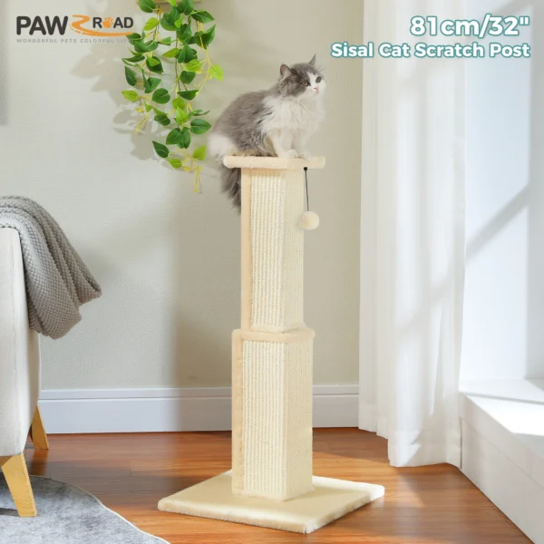 Large Cat Scratching Post – Tall Sisal Tower with Carpet Base & Dangling Ball - Image 4