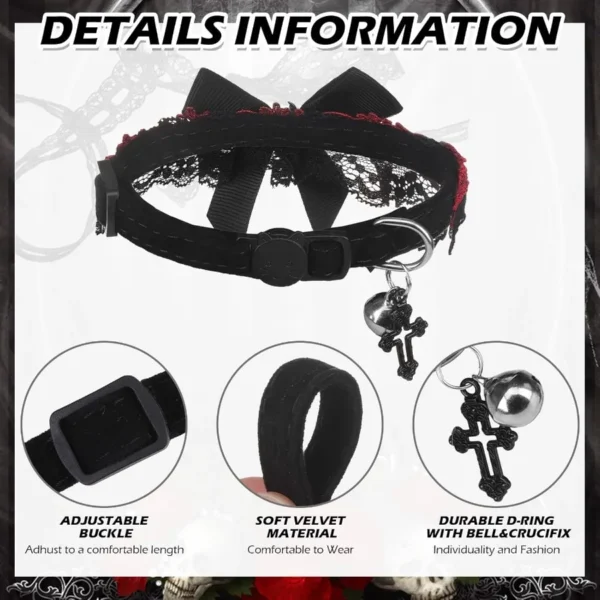 Cat Collar – Gothic Velvet with Bell & Cross Charm - Image 3