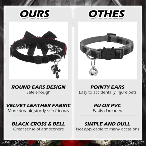 Cat Collar – Gothic Velvet with Bell & Cross Charm - Image 6