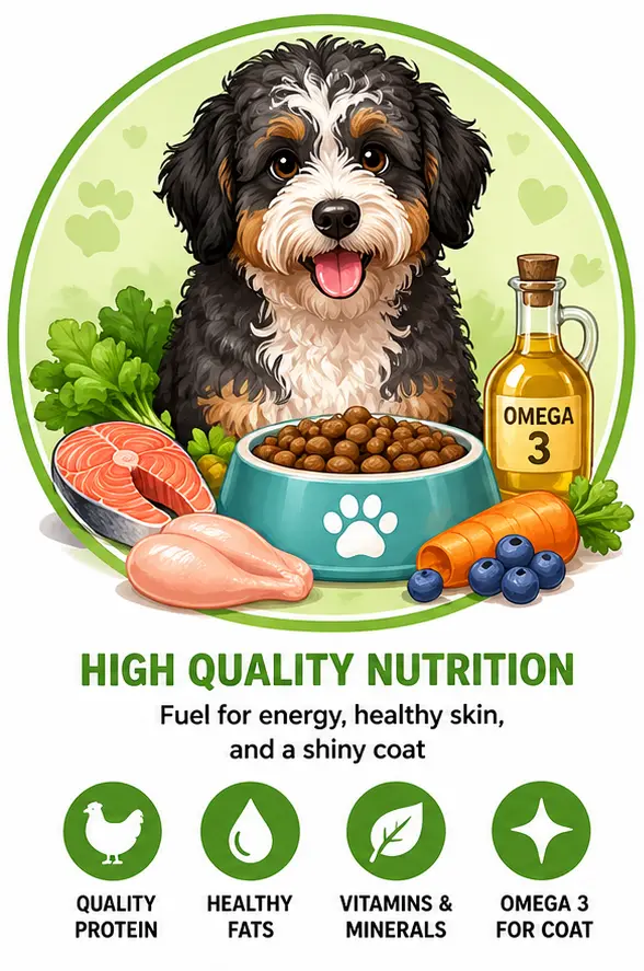 Cute Aussiedoodle dog with balanced diet icons showing protein-rich food, omega-3 fish oil, and healthy nutrition for active dogs.
