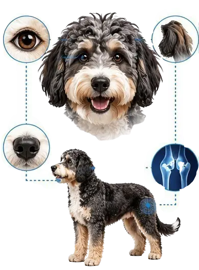 Illustration showing Aussiedoodle physical traits including expressive eyes, floppy ears, small nose, and hip structure highlighted in a clean veterinary-style diagram.