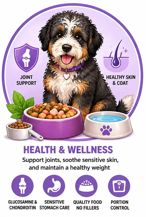 Fluffy Aussiedoodle with health care icons showing joint support, sensitive stomach care, and portion control for overall wellbeing.