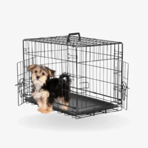 This durable double-door dog cage is built for safety and comfort.