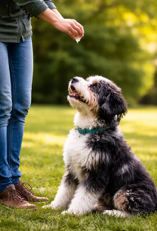 aussiedoodle traning in park with onwer