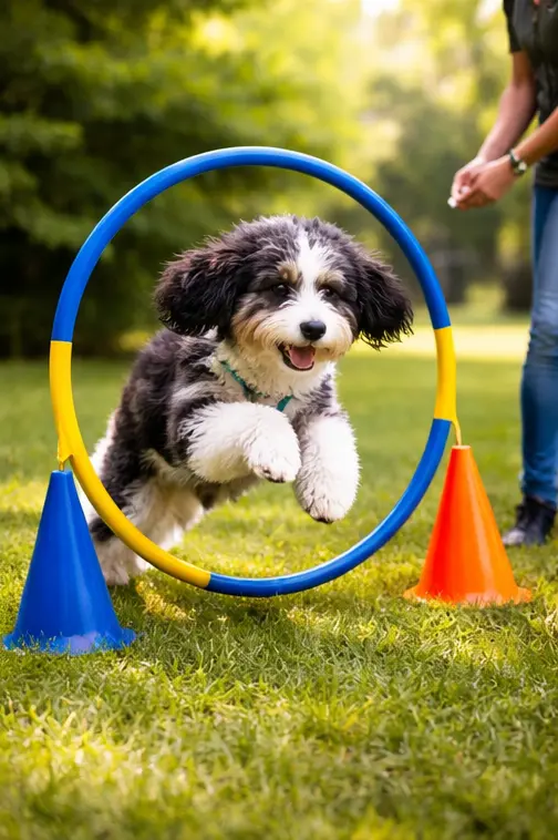 aussiedoodle traning in park with onwer