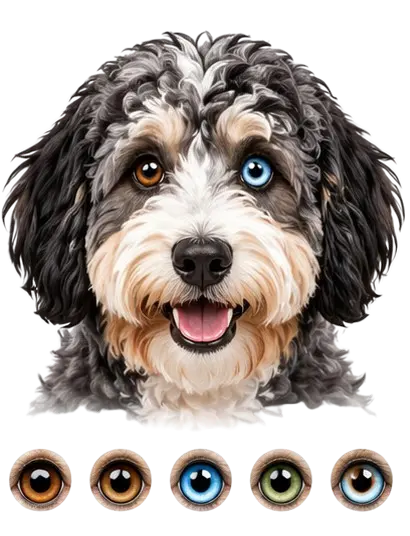 Aussiedoodle face showing different eye colors including heterochromia, highlighting variation in natural eye pigmentation.