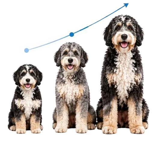 Comparison of Aussiedoodle sizes showing small, medium, and large body structure variations in a clean infographic style.