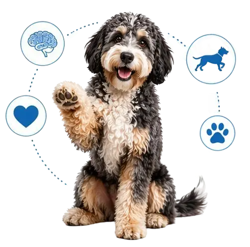Happy Aussiedoodle displaying friendly and intelligent behavior with playful posture and energetic body language.