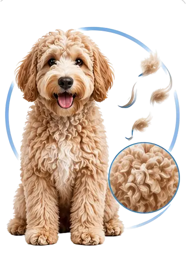 Detailed visual of Aussiedoodle coat texture showing soft curls and shedding strands, representing coat type and low-shedding characteristics.