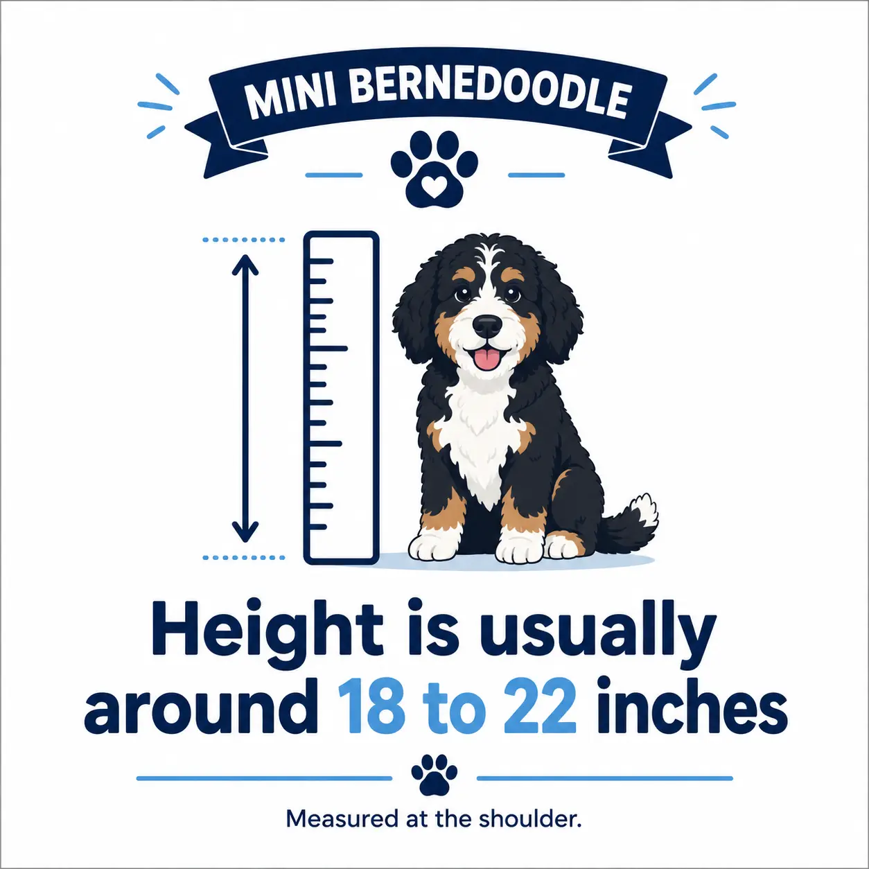 Mini Bernedoodle height guide showing a cute dog with ruler icon and 18 to 22 inches average height.