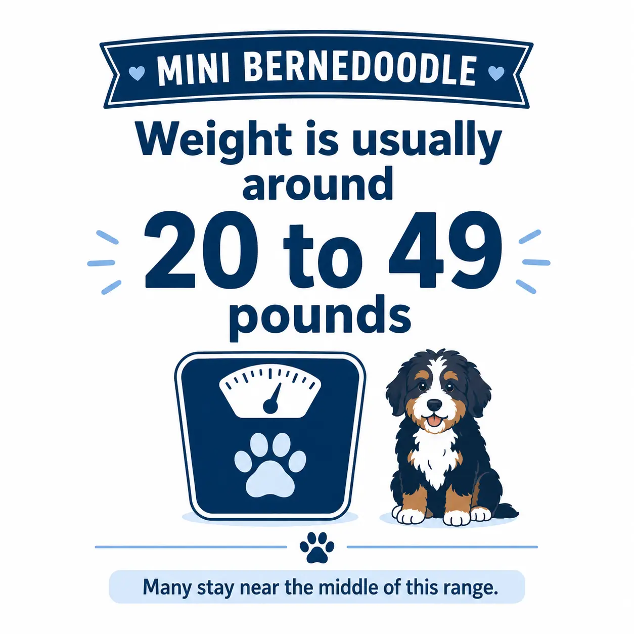 Mini Bernedoodle weight guide showing a cute dog with scale icon and average weight of 20 to 49 pounds.