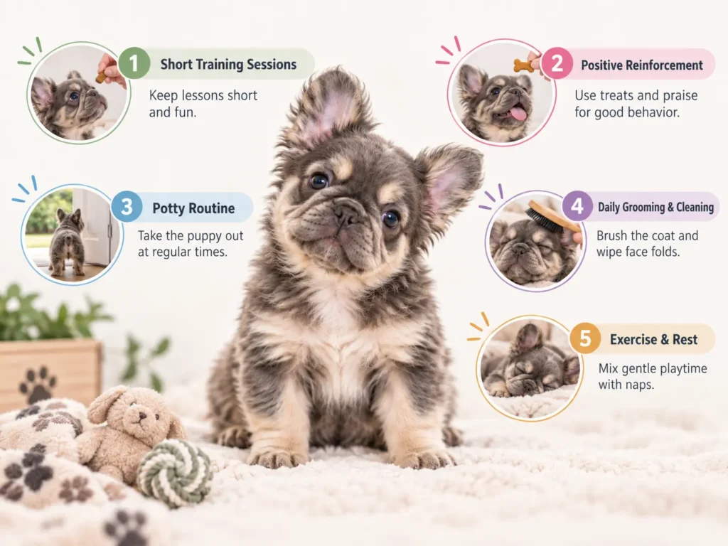 Fluffy French Bulldog Puppy Training and Daily Care Routine