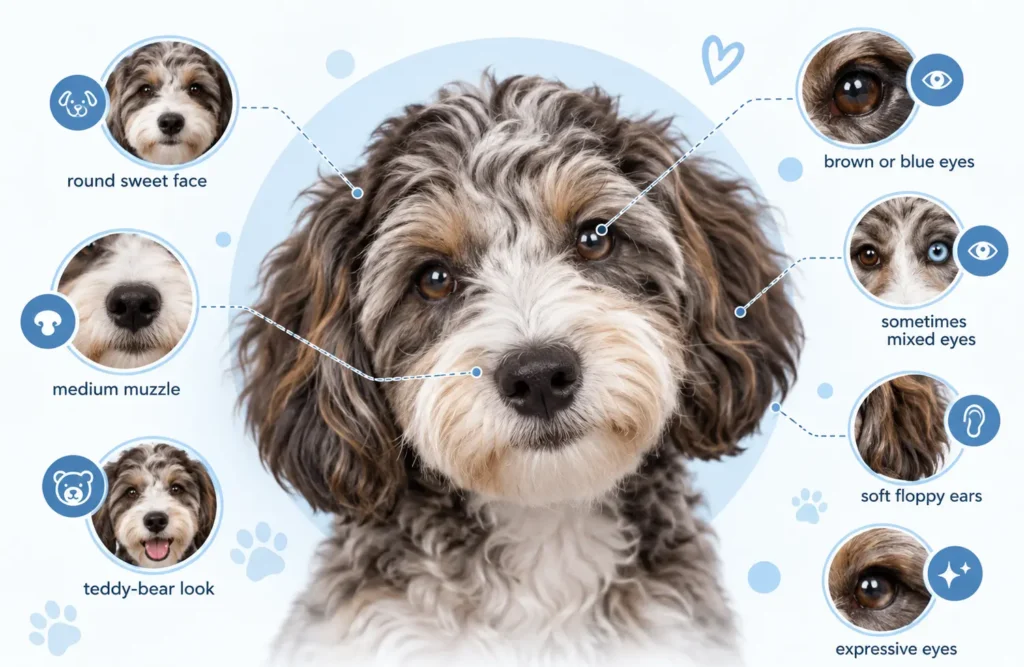 Mini Aussiedoodle Face, Eyes, and Ears