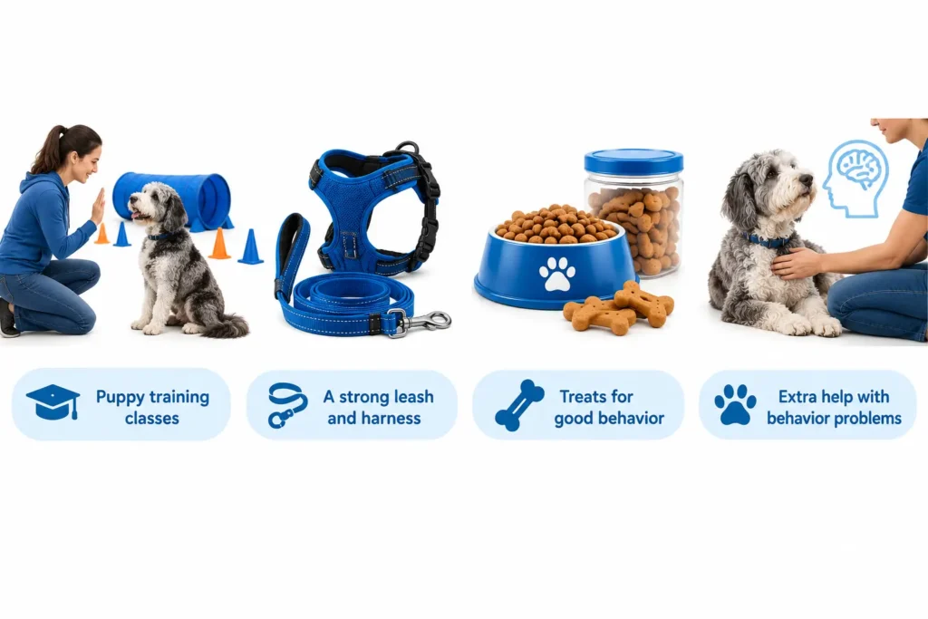 Dog training costs infographic showing puppy classes, a leash and harness, training treats, and professional help with behavior problems.