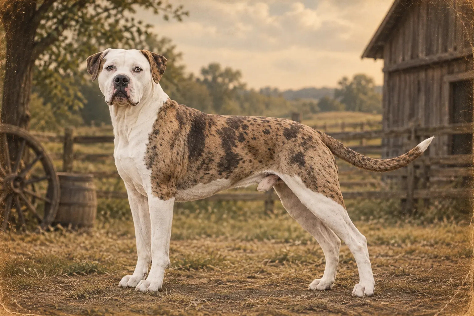 Historical Catahoula Bulldog standing in a rustic farmyard with an aged vintage background.